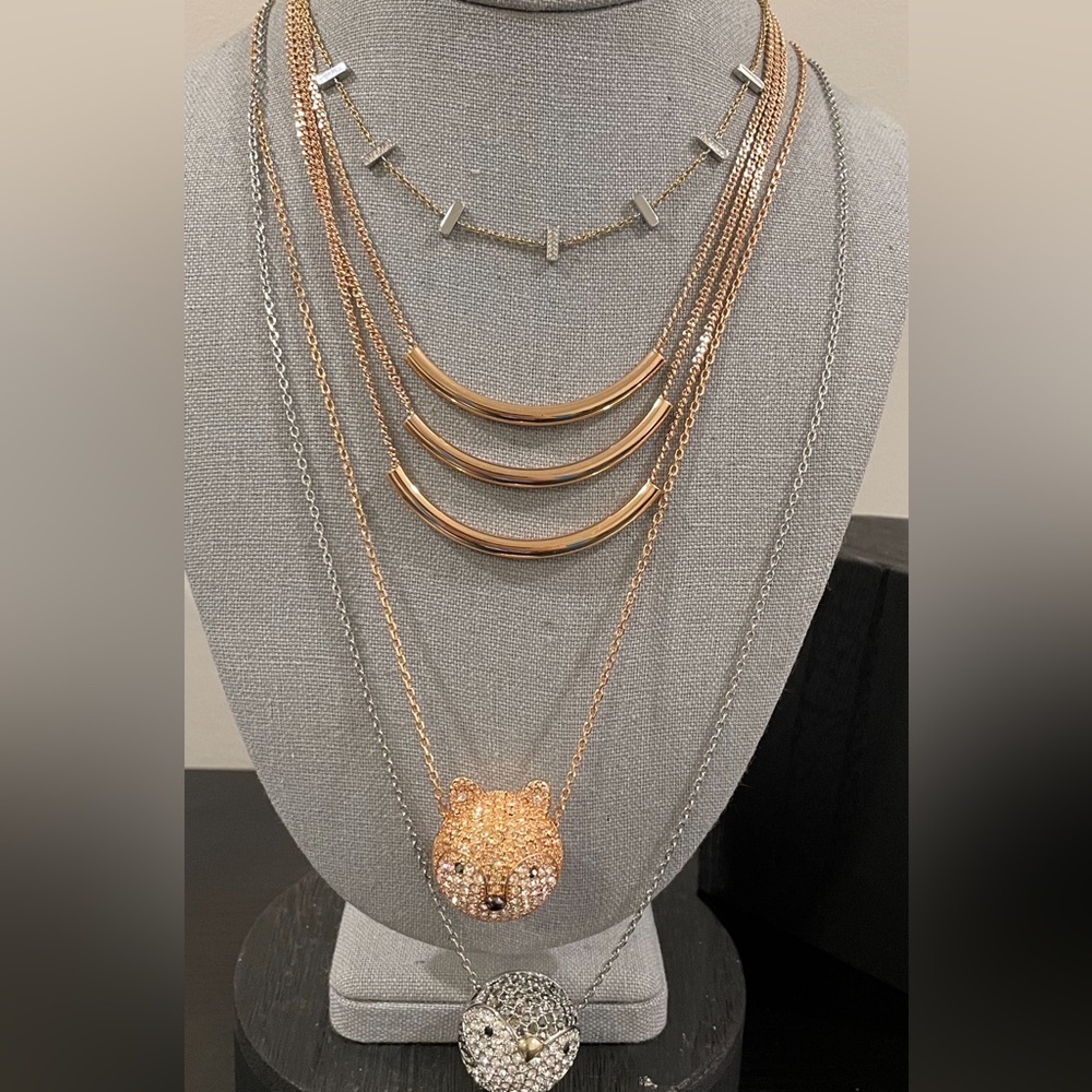 4 fossil rose gold silver tone fox penguin rhinestone necklace 16-19” 31-33”